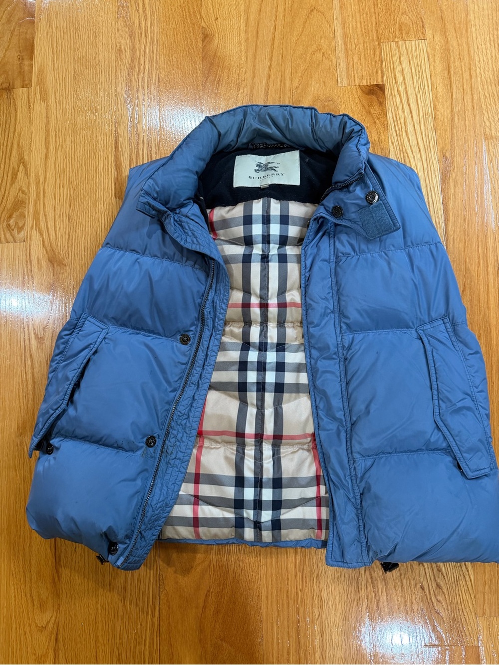 Burberry Slate Blue Quilted Down Puffer Jacket with Signature Check Lining